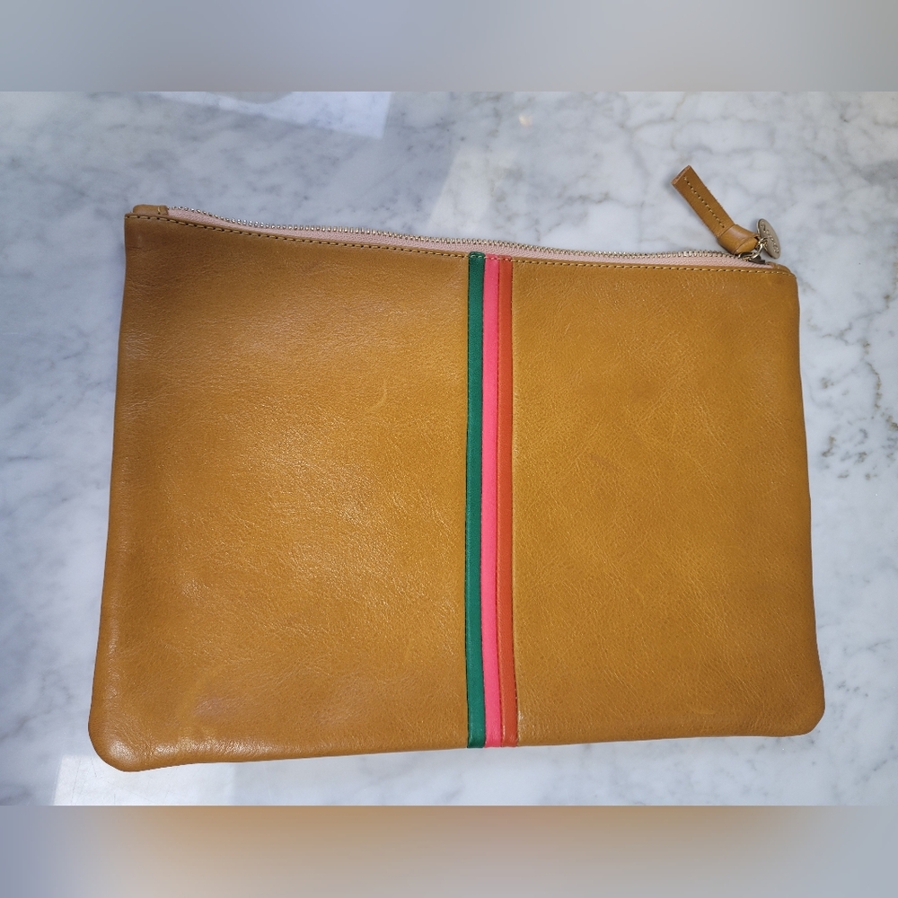 Anthropologie Clare V striped Tan leather clutch